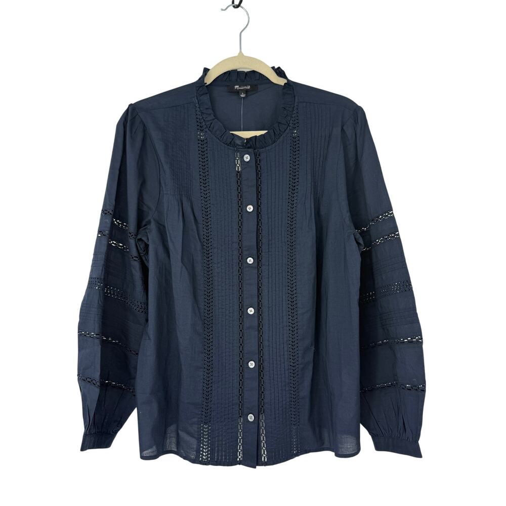 Madewell Navy Pintuck Lace Insert Blouse Ruffle Neck Boho Cottagecore Top L - Picture 3 of 13
